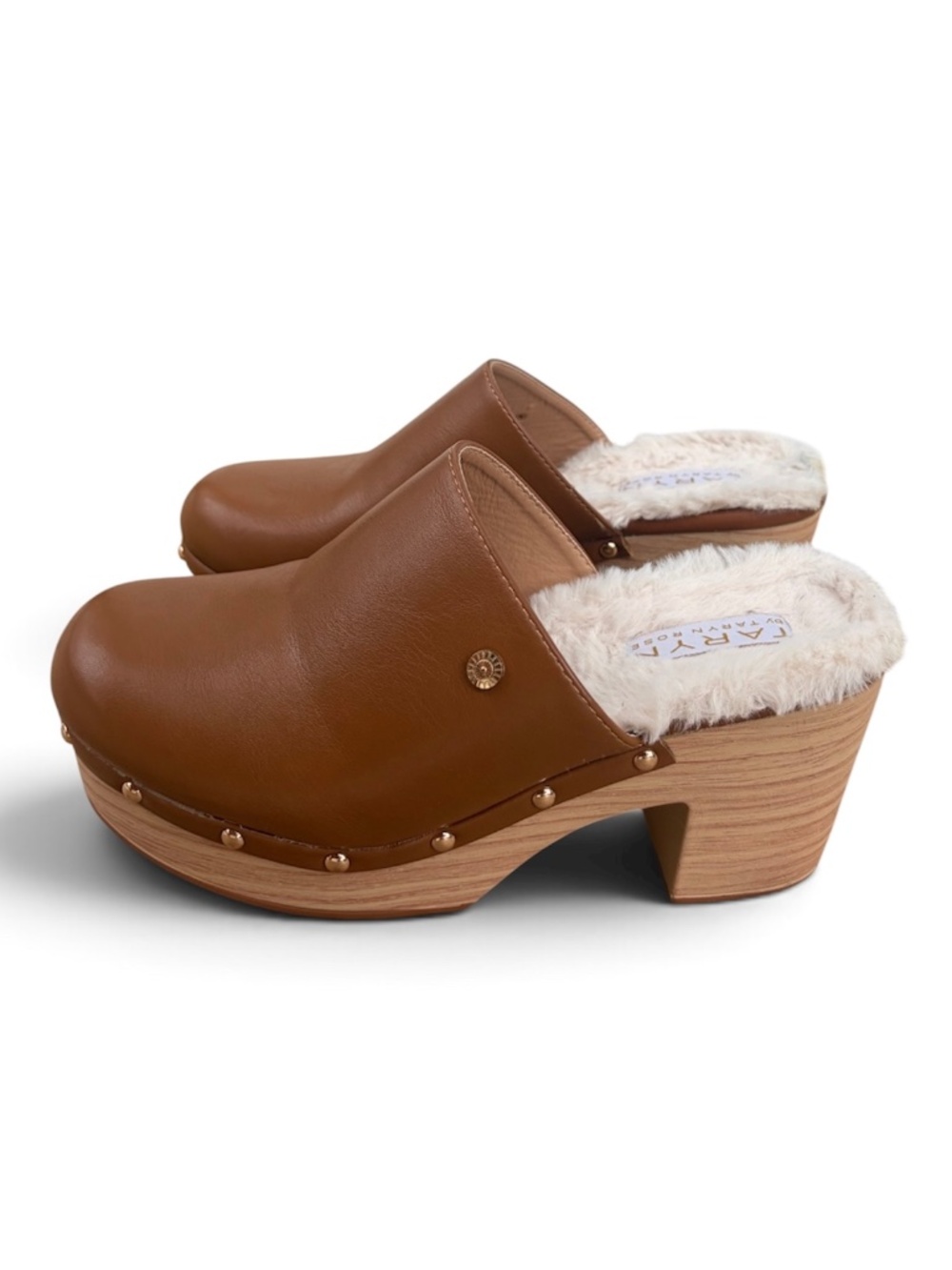 Taryn by Taryn Rose Tan Leather Shearling Clog Mules Sz 8